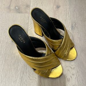 Gucci gold leather Webby mules size 39.5
